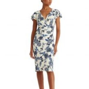 Ralph Lauren Elegant Size 12 V Neck Blue & White Floral Wrap Dress. NEW w/ Tags